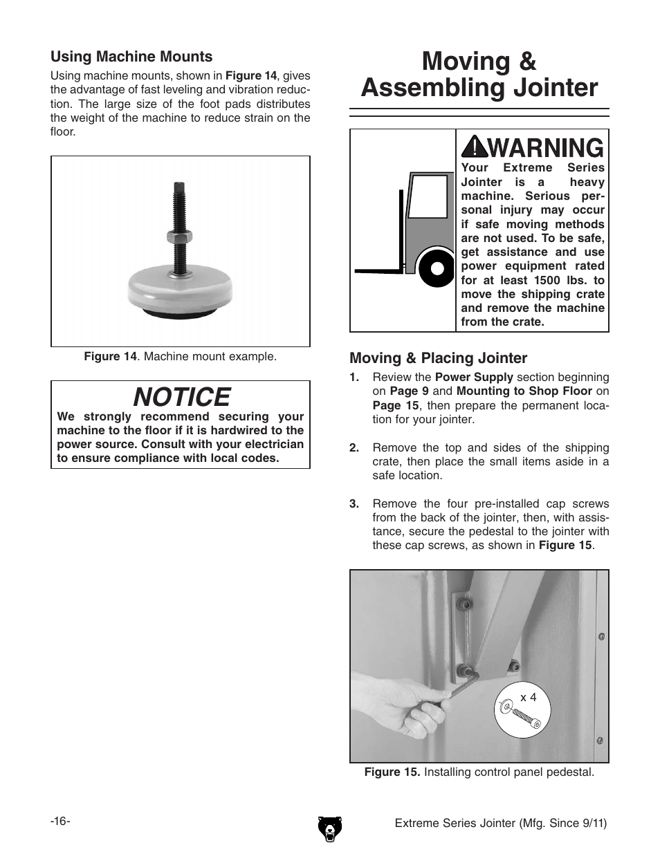Moving & assembling jointer, Notice | Grizzly Extren Series Jointer g9860 User Manual | Page 18 / 76