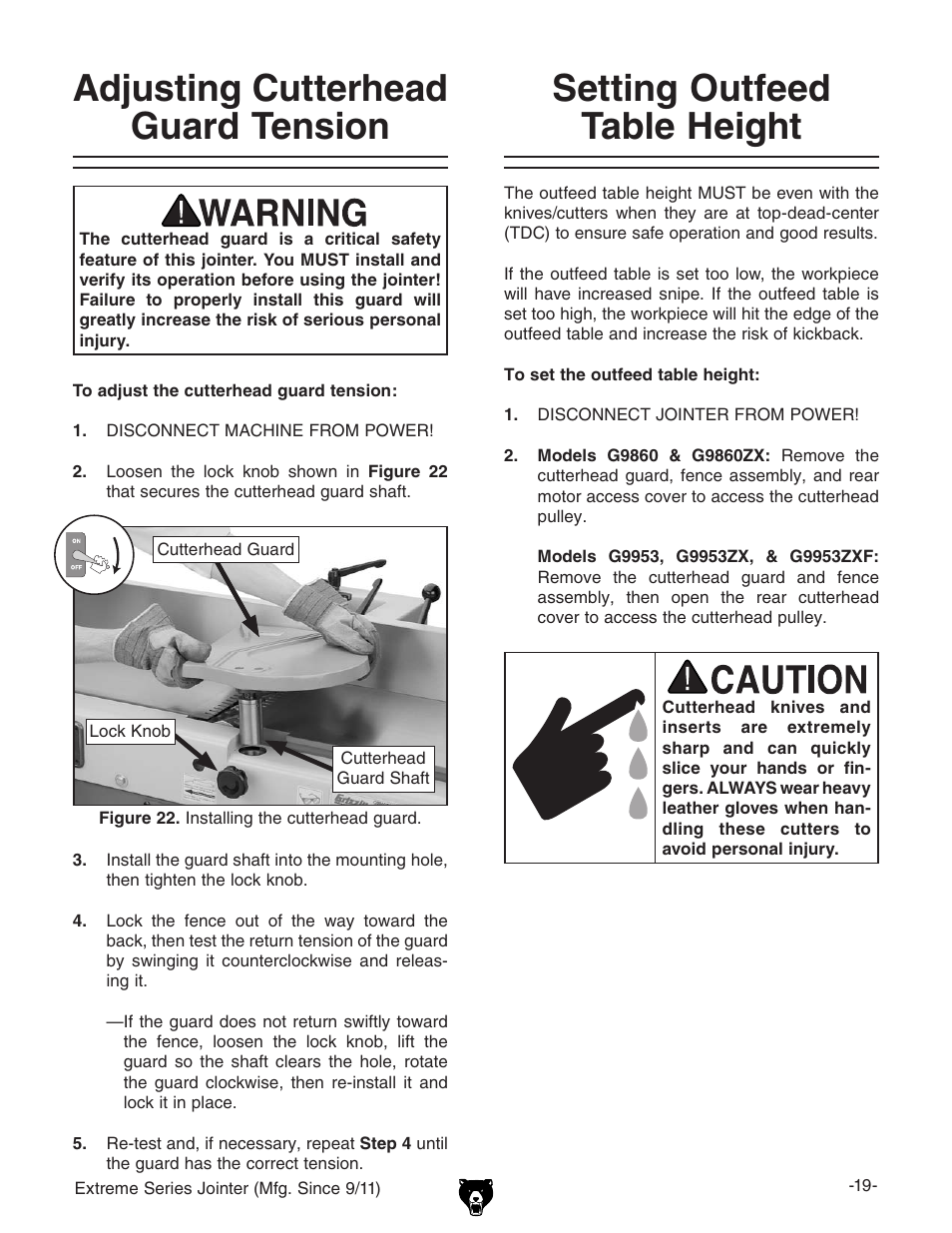 Adjusting cutterhead guard tension, Setting outfeed table height | Grizzly Extren Series Jointer g9860 User Manual | Page 21 / 76