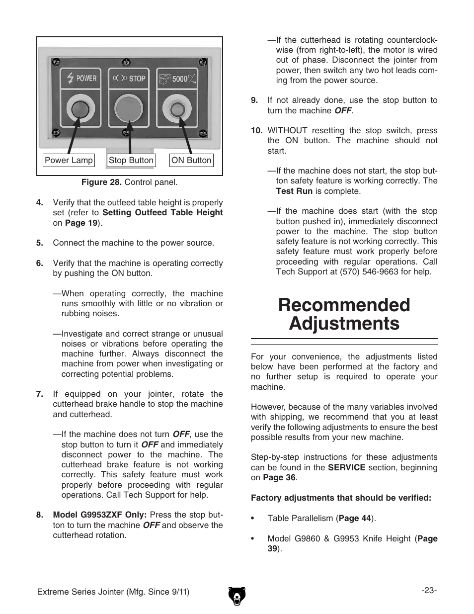 Recommended adjustments | Grizzly Extren Series Jointer g9860 User Manual | Page 25 / 76