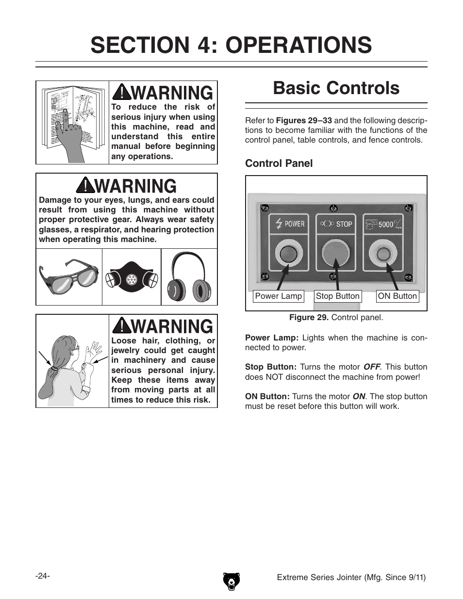 Basic controls | Grizzly Extren Series Jointer g9860 User Manual | Page 26 / 76