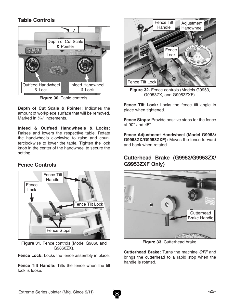 Table controls, Fence controls | Grizzly Extren Series Jointer g9860 User Manual | Page 27 / 76