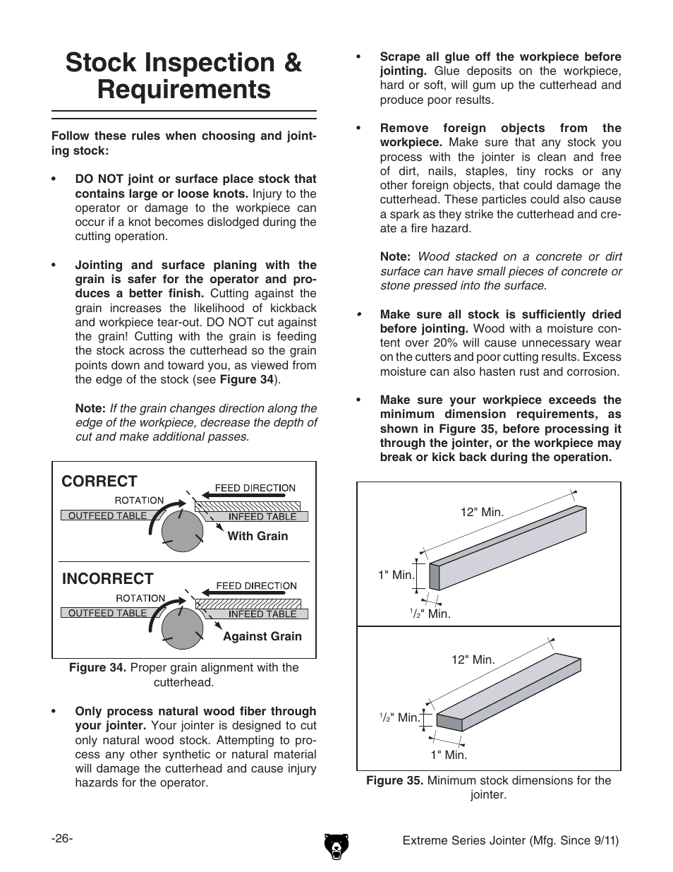 Stock inspection & requirements | Grizzly Extren Series Jointer g9860 User Manual | Page 28 / 76