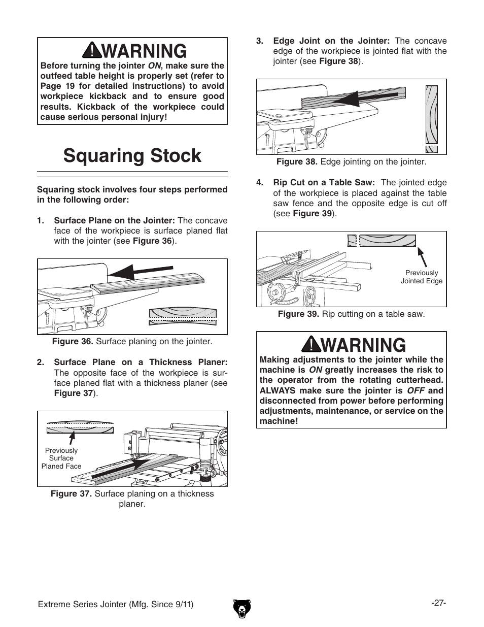 Squaring stock | Grizzly Extren Series Jointer g9860 User Manual | Page 29 / 76