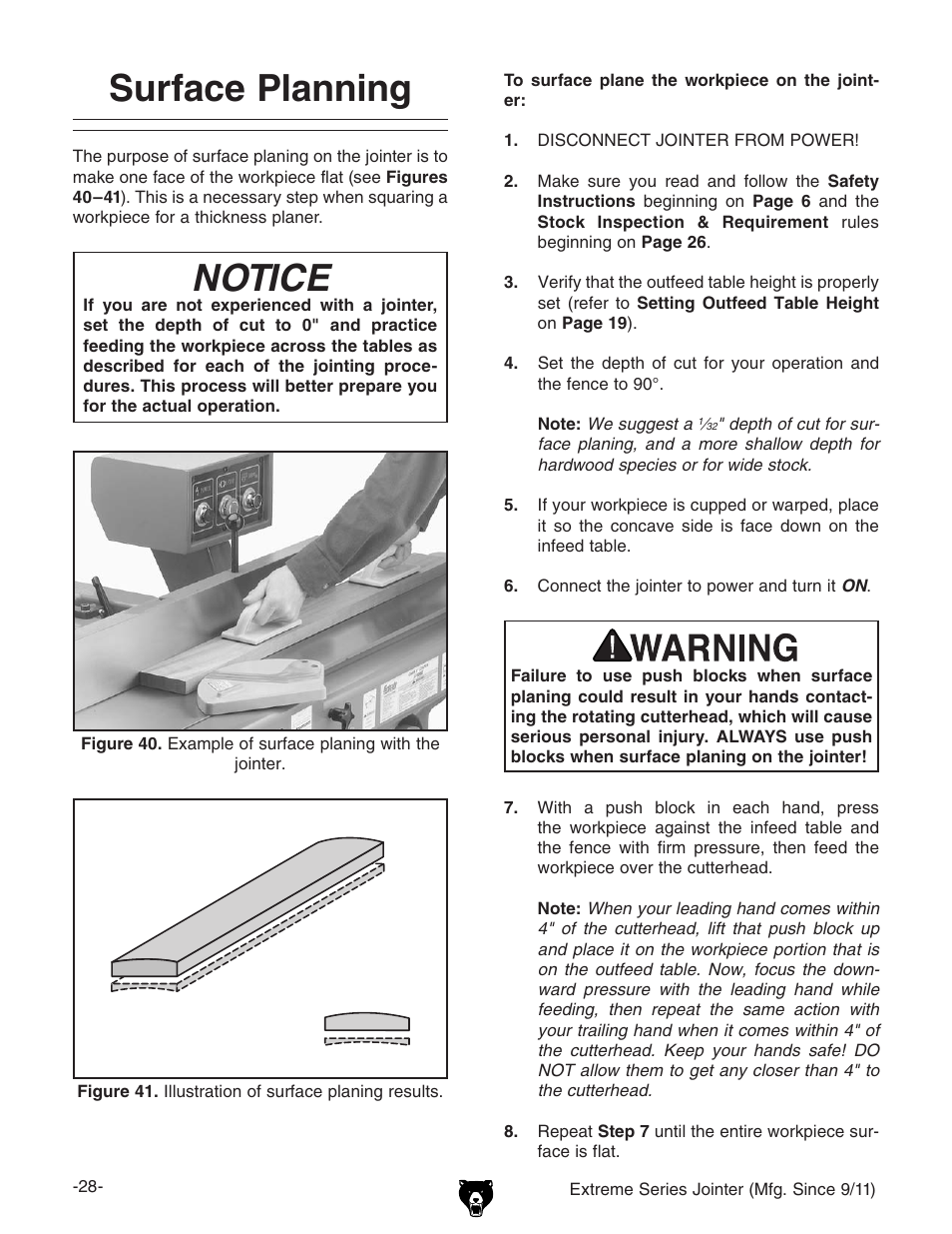 Surface planning, Notice | Grizzly Extren Series Jointer g9860 User Manual | Page 30 / 76