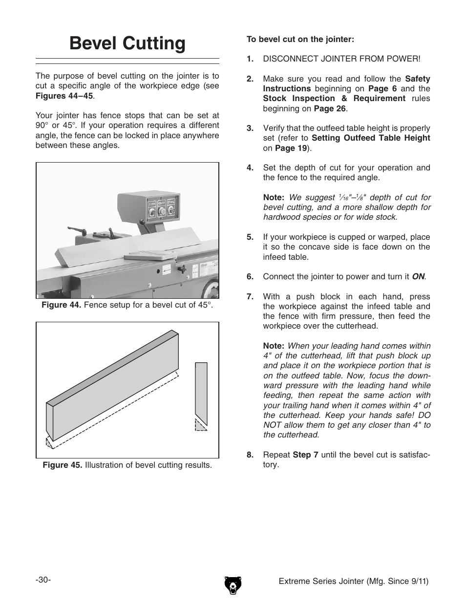Bevel cutting | Grizzly Extren Series Jointer g9860 User Manual | Page 32 / 76