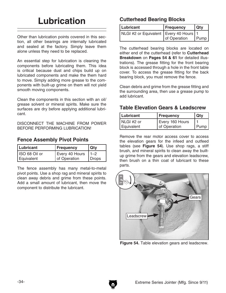 Lubrication | Grizzly Extren Series Jointer g9860 User Manual | Page 36 / 76