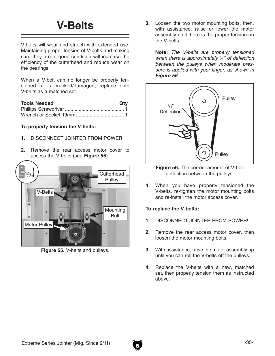 V-belts | Grizzly Extren Series Jointer g9860 User Manual | Page 37 / 76