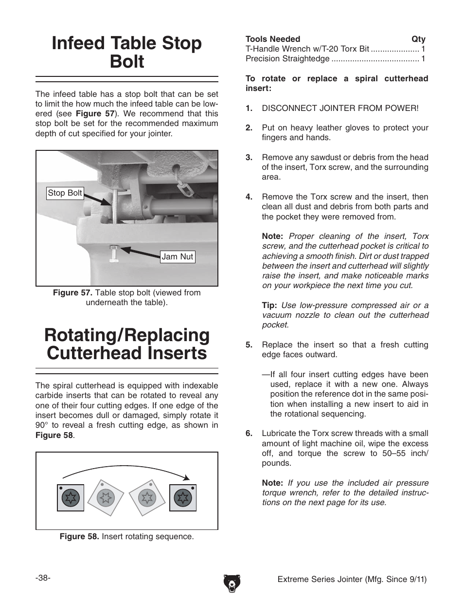 Infeed table stop bolt, Rotating/replacing cutterhead inserts | Grizzly Extren Series Jointer g9860 User Manual | Page 40 / 76