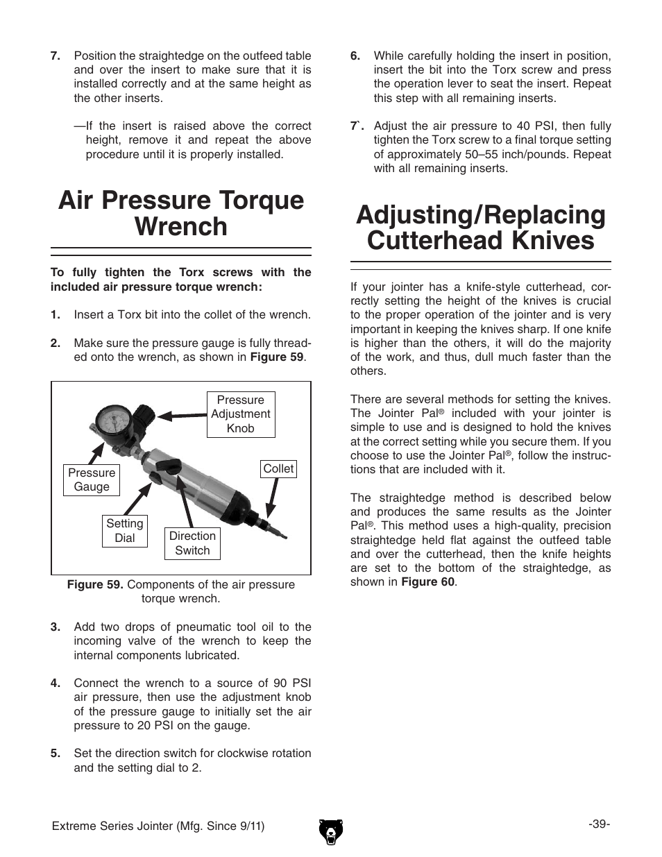 Adjusting/replacing cutterhead knives, Air pressure torque wrench | Grizzly Extren Series Jointer g9860 User Manual | Page 41 / 76