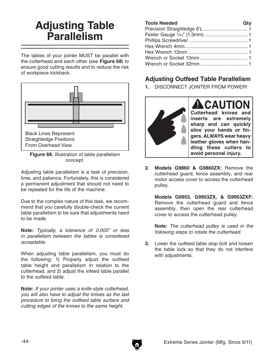 Adjusting table parallelism | Grizzly Extren Series Jointer g9860 User Manual | Page 46 / 76