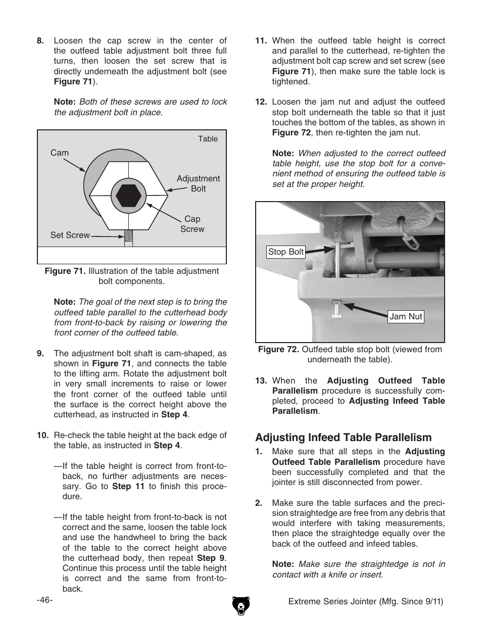 Adjusting infeed table parallelism | Grizzly Extren Series Jointer g9860 User Manual | Page 48 / 76