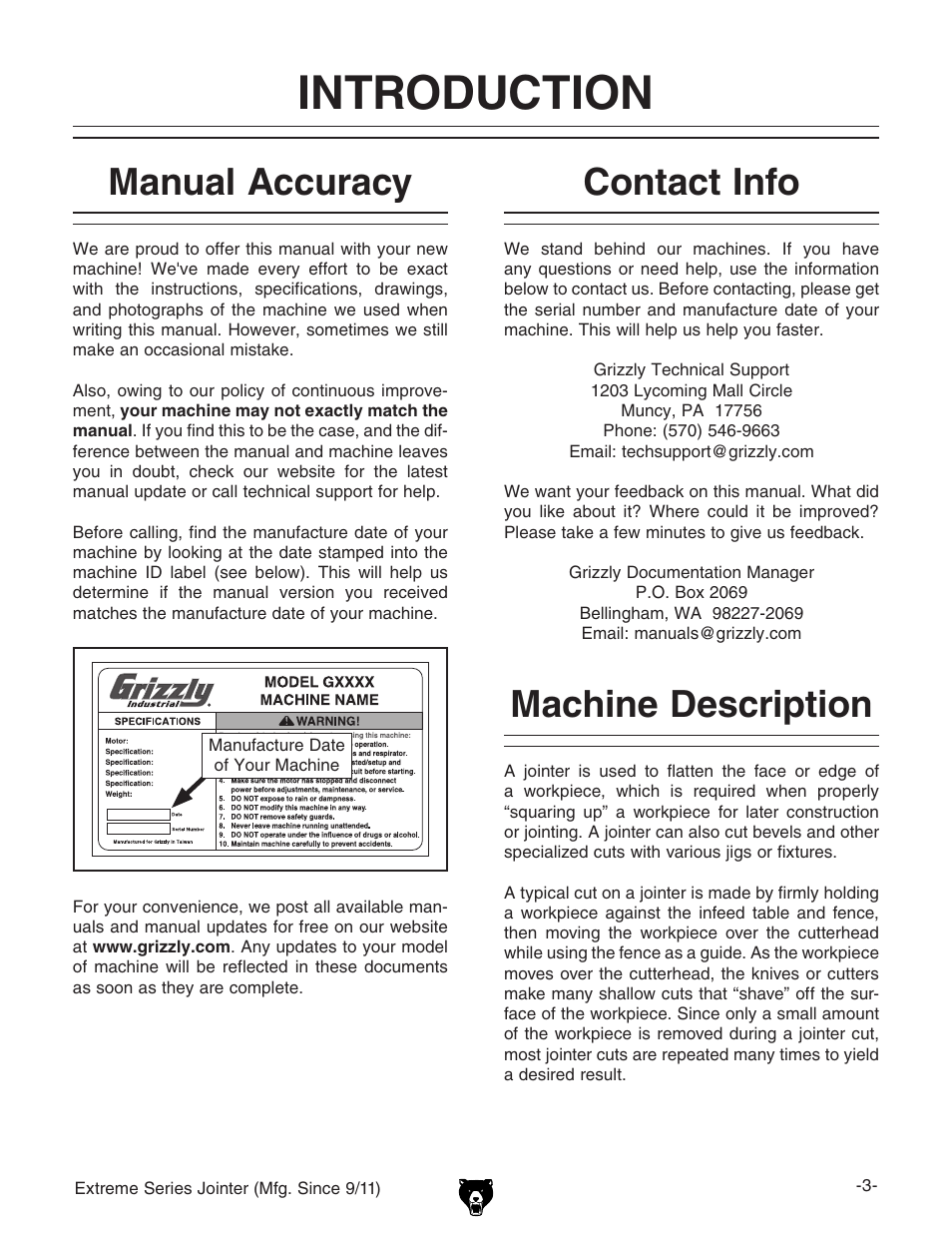 Introduction, Machine description, Contact info | Manual accuracy | Grizzly Extren Series Jointer g9860 User Manual | Page 5 / 76