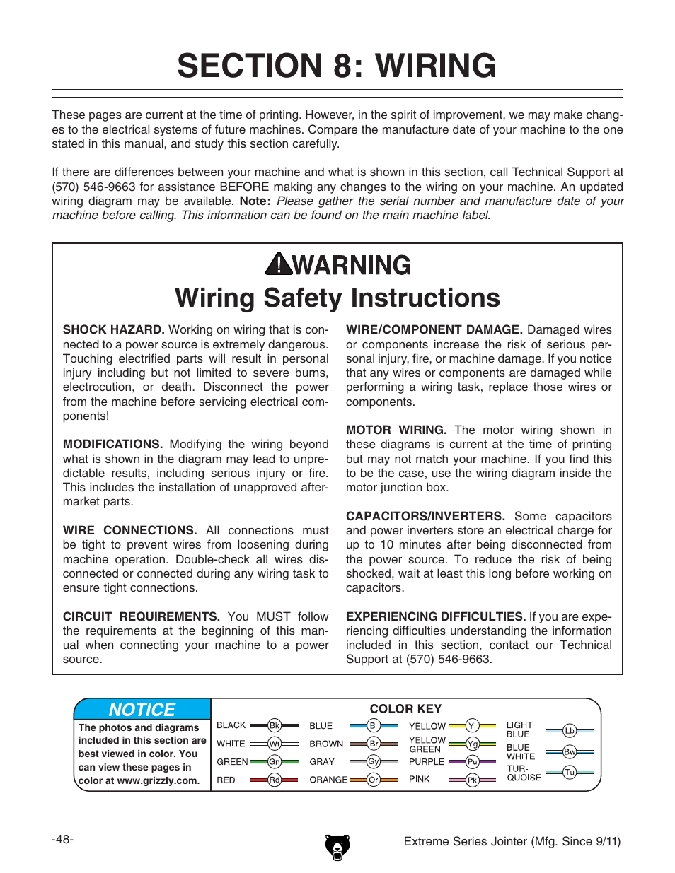 Wiring safety instructions | Grizzly Extren Series Jointer g9860 User Manual | Page 50 / 76