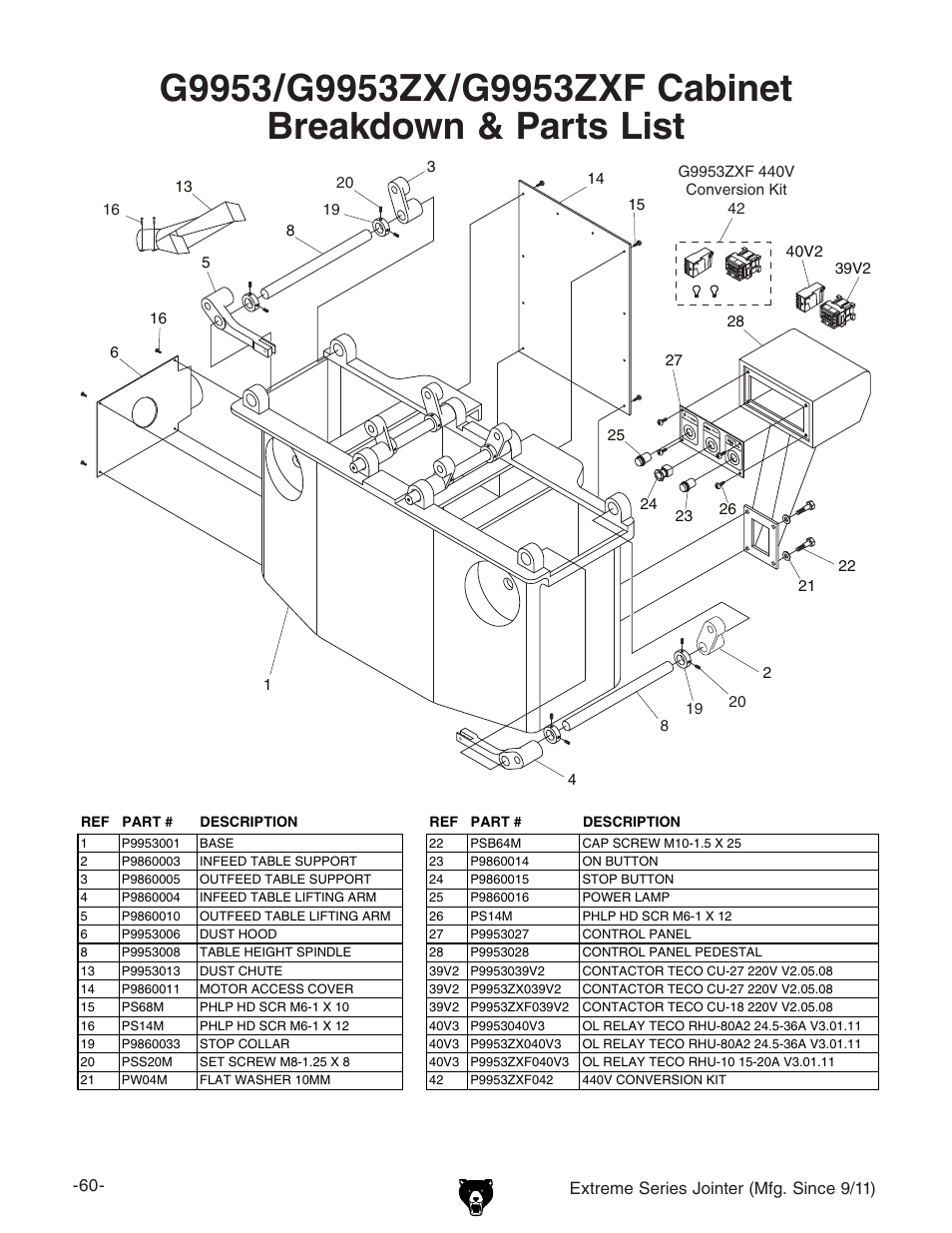 Extreme series jointer (mfg. since 9/11) | Grizzly Extren Series Jointer g9860 User Manual | Page 62 / 76