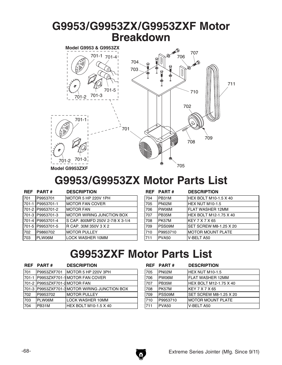 G9953zxf motor parts list | Grizzly Extren Series Jointer g9860 User Manual | Page 70 / 76