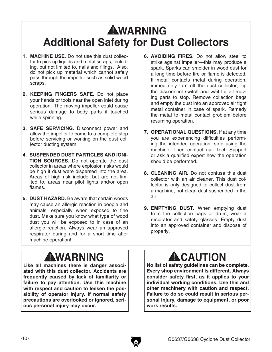 Additional safety for dust collectors | Grizzly G0638 User Manual | Page 12 / 60