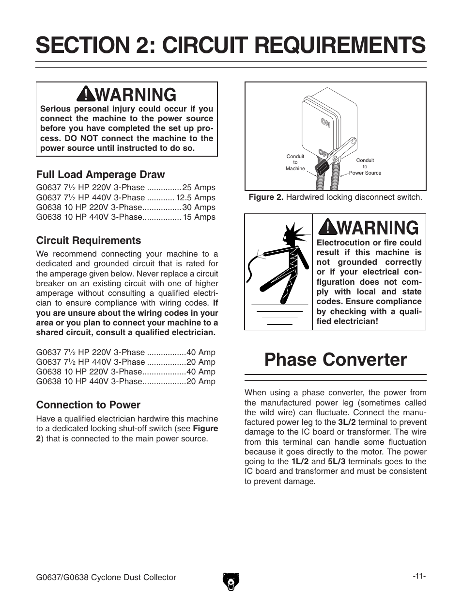 Phase converter, Full load amperage draw, Circuit requirements | Connection to power | Grizzly G0638 User Manual | Page 13 / 60