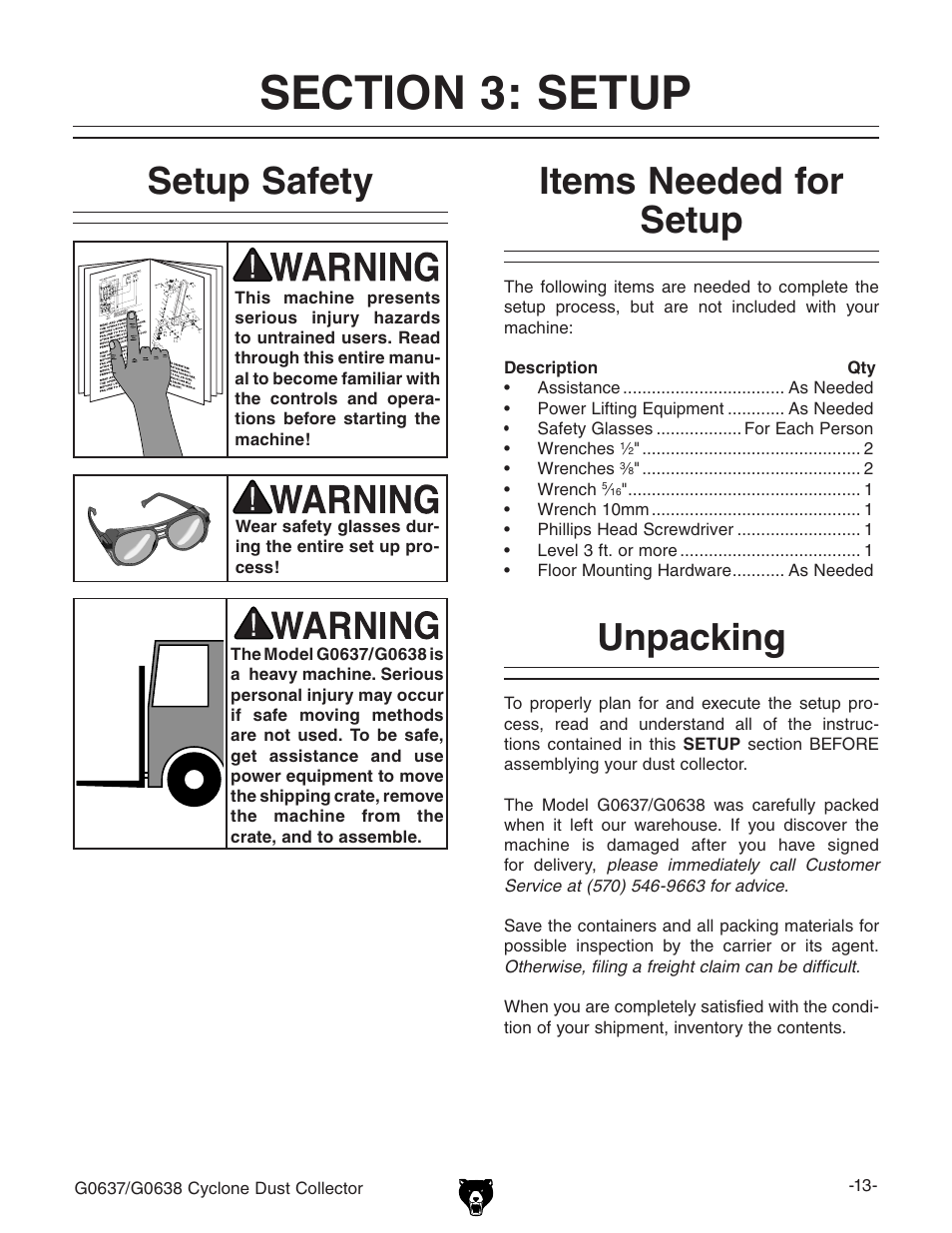 Setup safety, Items needed for setup, Unpacking | Grizzly G0638 User Manual | Page 15 / 60