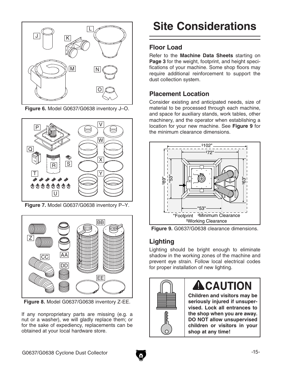 Site considerations, Floor load, Placement location | Lighting | Grizzly G0638 User Manual | Page 17 / 60