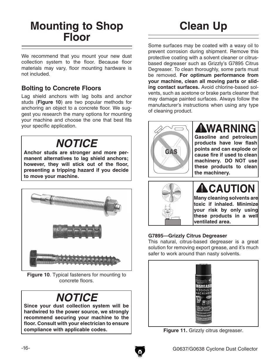 Mounting to shop floor notice, Notice, Clean up | Grizzly G0638 User Manual | Page 18 / 60