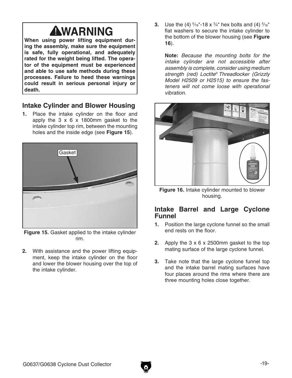 Intake cylinder and blower housing, Intake barrel and large cyclone funnel | Grizzly G0638 User Manual | Page 21 / 60