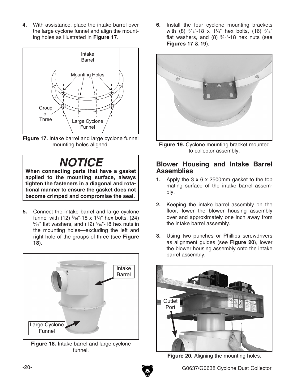 Notice, Blower housing and intake barrel assemblies | Grizzly G0638 User Manual | Page 22 / 60