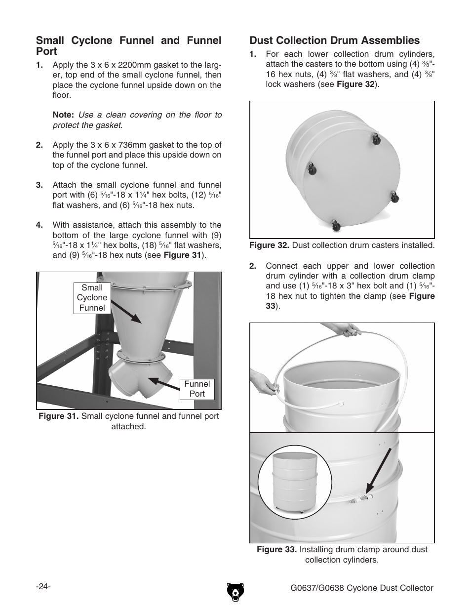 Dust collection drum assemblies, Small cyclone funnel and funnel port | Grizzly G0638 User Manual | Page 26 / 60