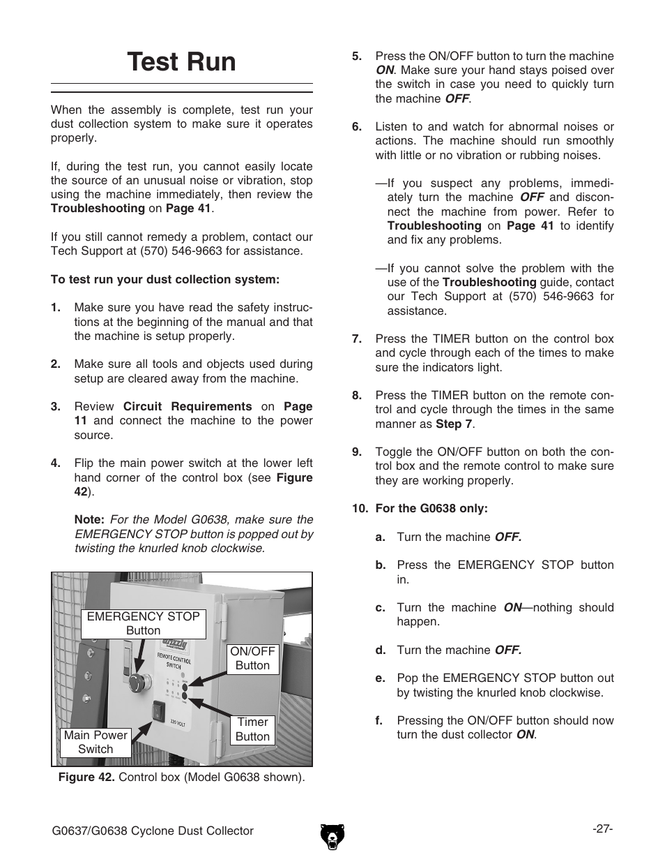 Test run | Grizzly G0638 User Manual | Page 29 / 60