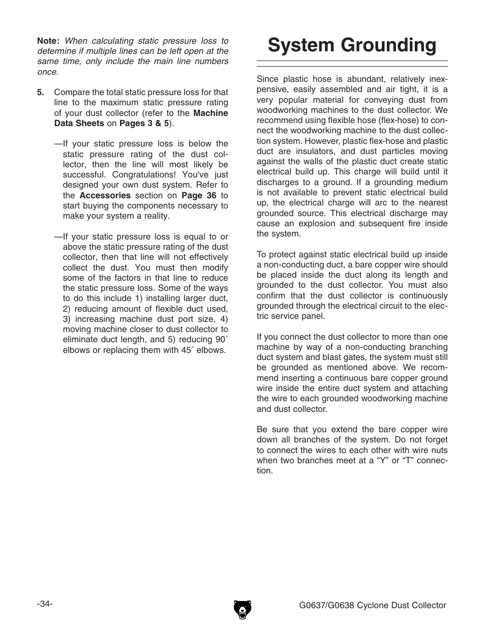 System grounding | Grizzly G0638 User Manual | Page 36 / 60