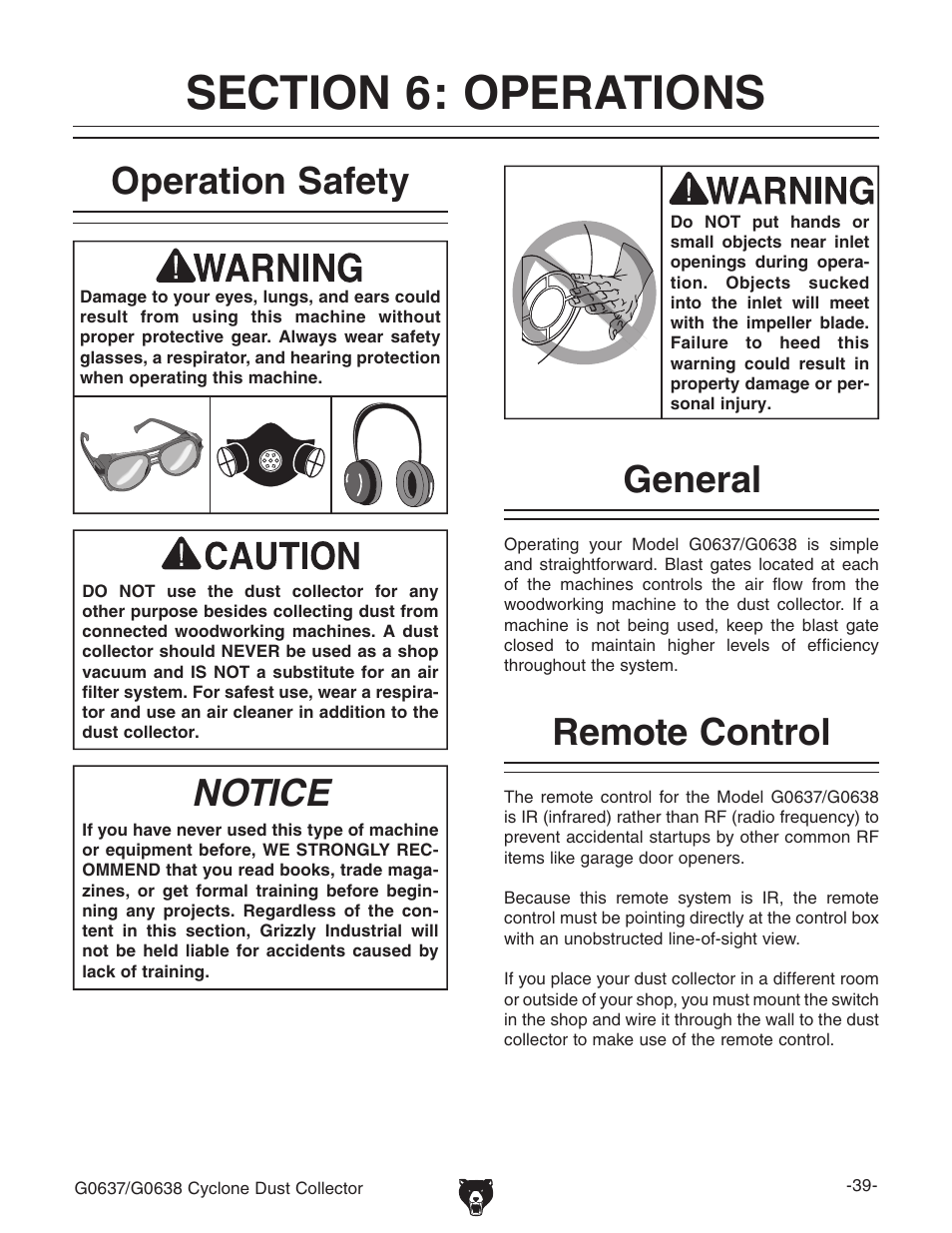 General, Operation safety, Notice | Remote control | Grizzly G0638 User Manual | Page 41 / 60