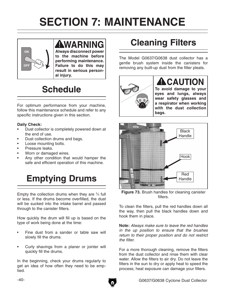 Schedule emptying drums, Cleaning filters | Grizzly G0638 User Manual | Page 42 / 60