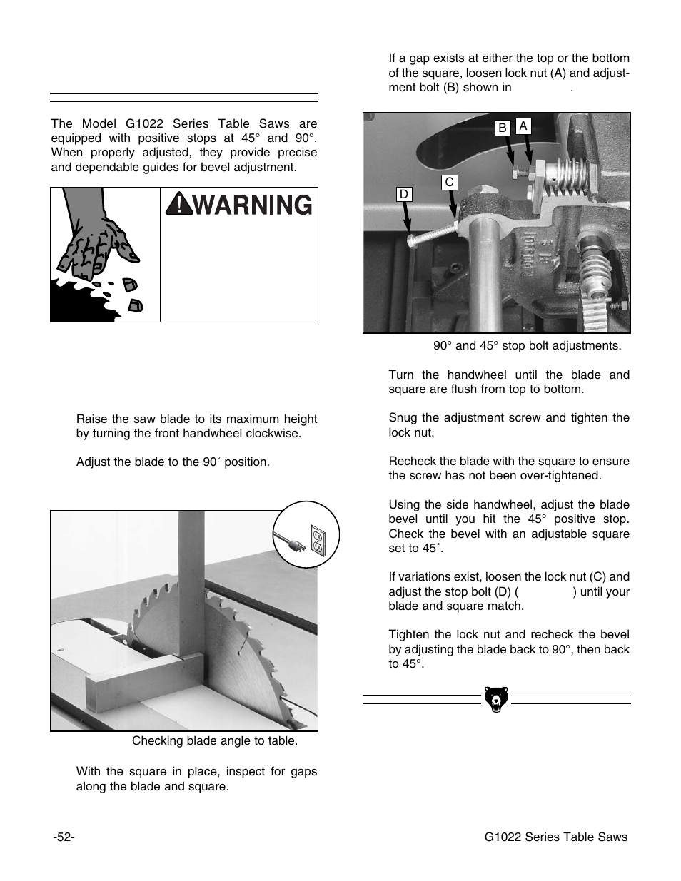45˚ & 90˚ stops | Grizzly Model G1022proz User Manual | Page 54 / 84