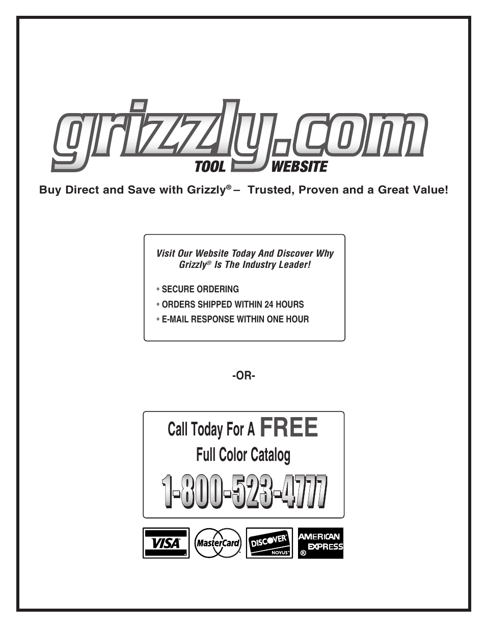 Free, Call today for a, Full color catalog | Grizzly Model G1022proz User Manual | Page 84 / 84