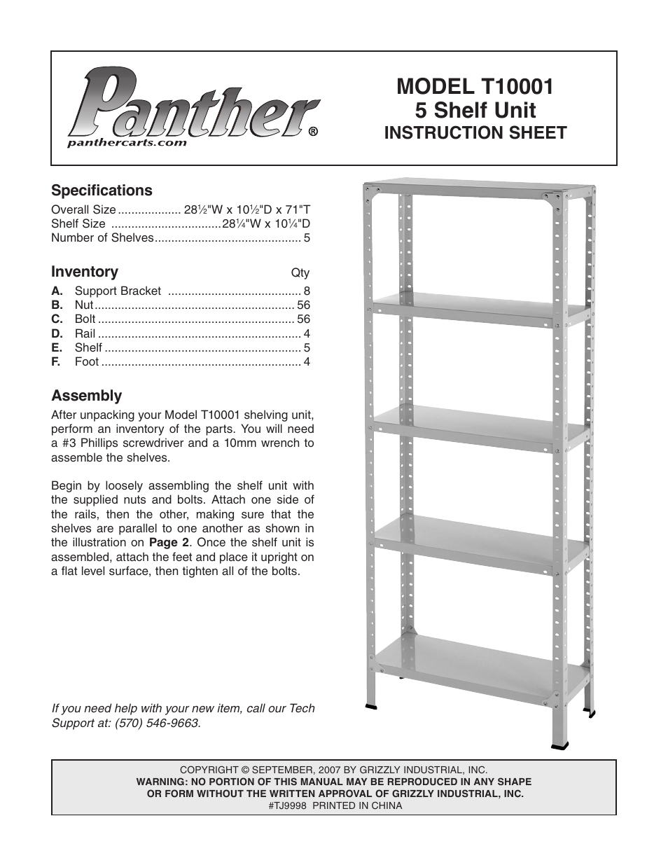 Grizzly Panther 5 Shelf Unit T10001 User Manual | 2 pages