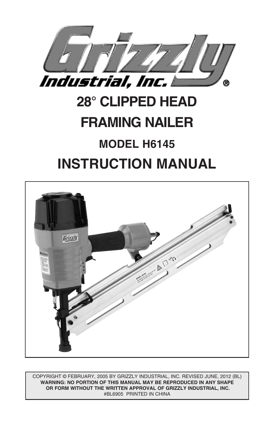 Grizzly 28 clipped head framing nailer h6145 User Manual | 20 pages