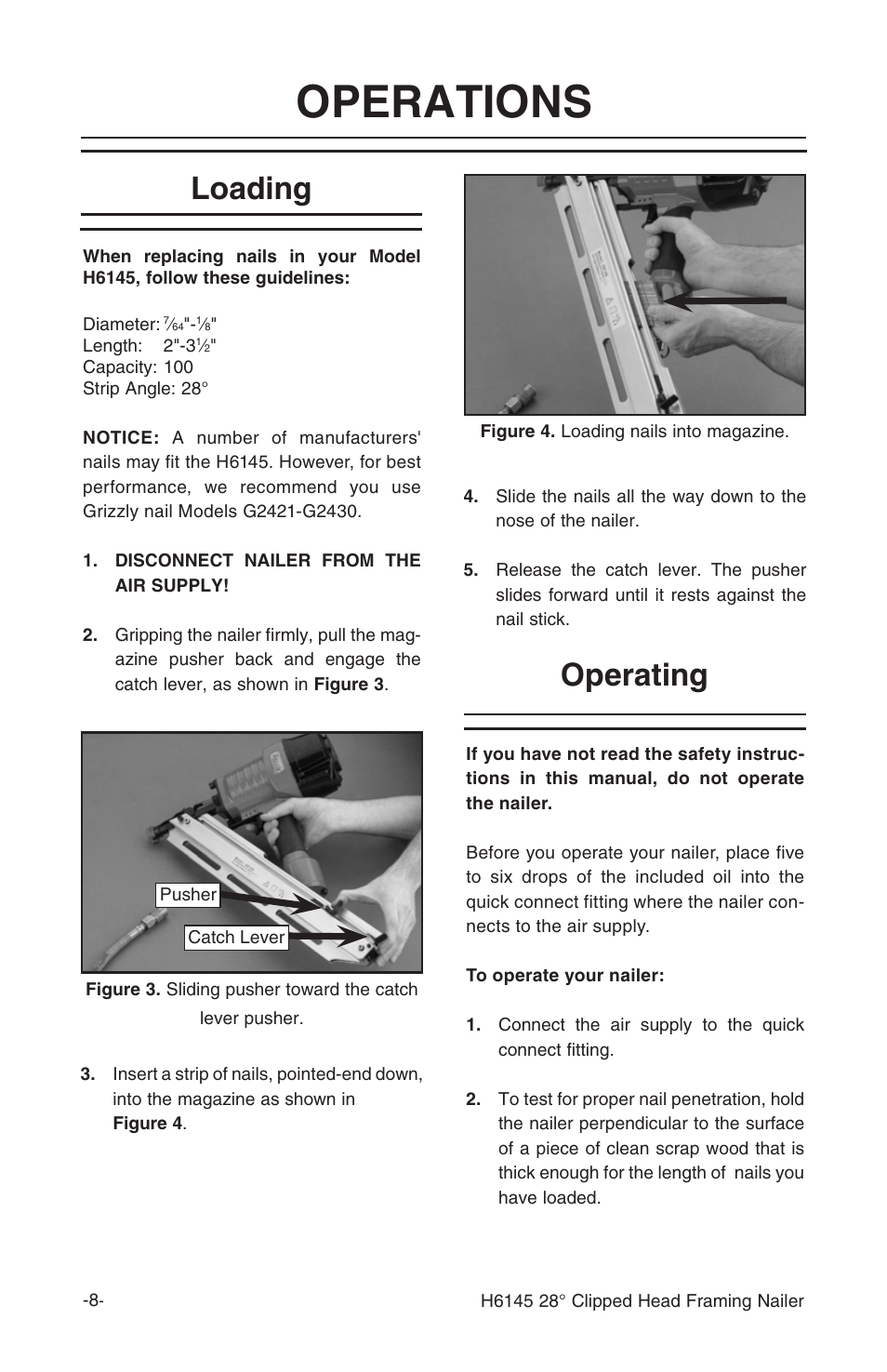 Operations, Loading, Operating | Grizzly 28 clipped head framing nailer h6145 User Manual | Page 10 / 20