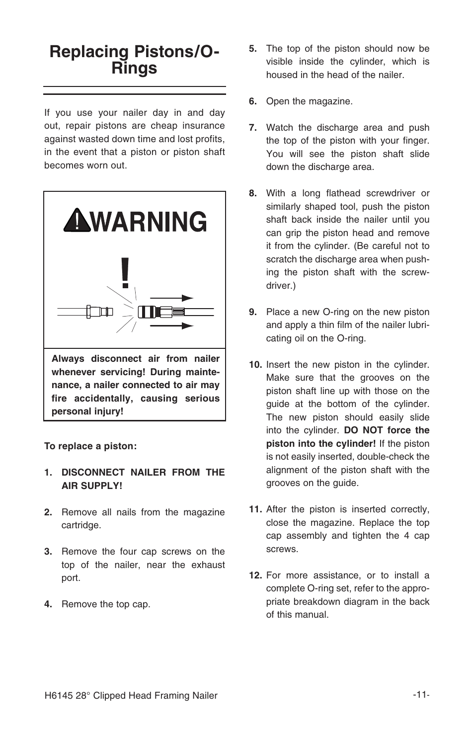 Replacing pistons/o- rings | Grizzly 28 clipped head framing nailer h6145 User Manual | Page 13 / 20