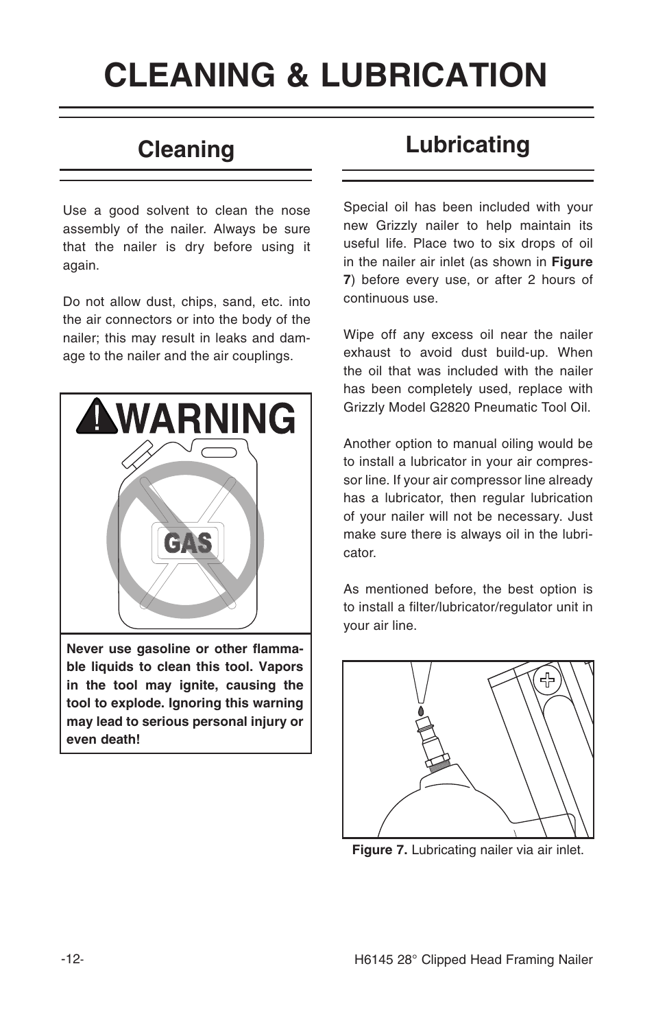 Cleaning & lubrication, Cleaning, Lubricating | Grizzly 28 clipped head framing nailer h6145 User Manual | Page 14 / 20