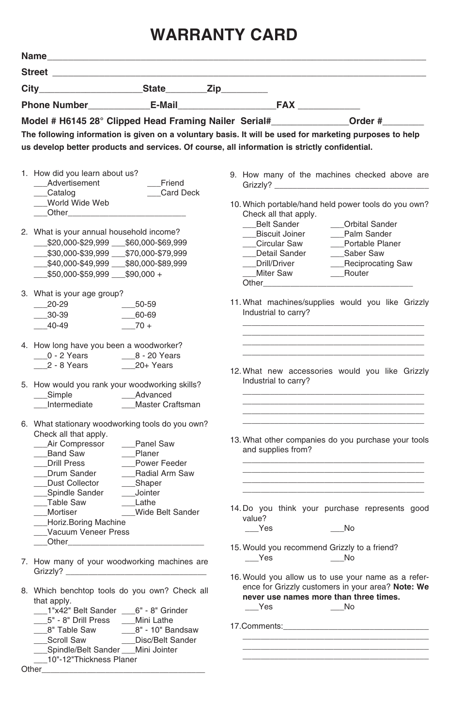 Warranty card | Grizzly 28 clipped head framing nailer h6145 User Manual | Page 19 / 20