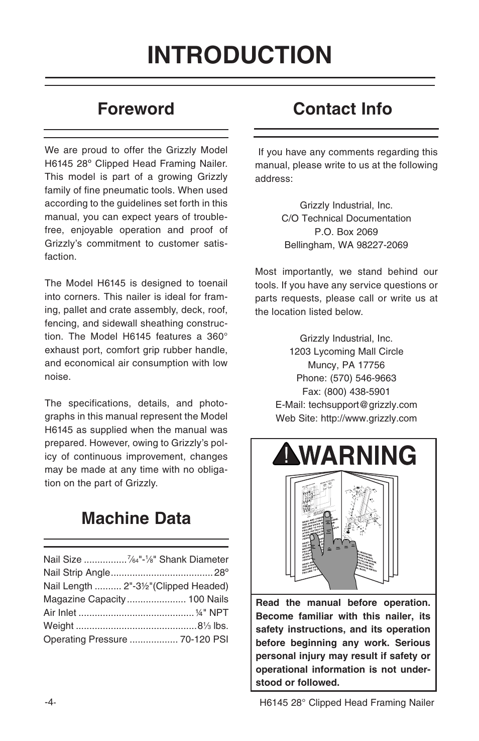 Introduction, Foreword contact info machine data | Grizzly 28 clipped head framing nailer h6145 User Manual | Page 6 / 20
