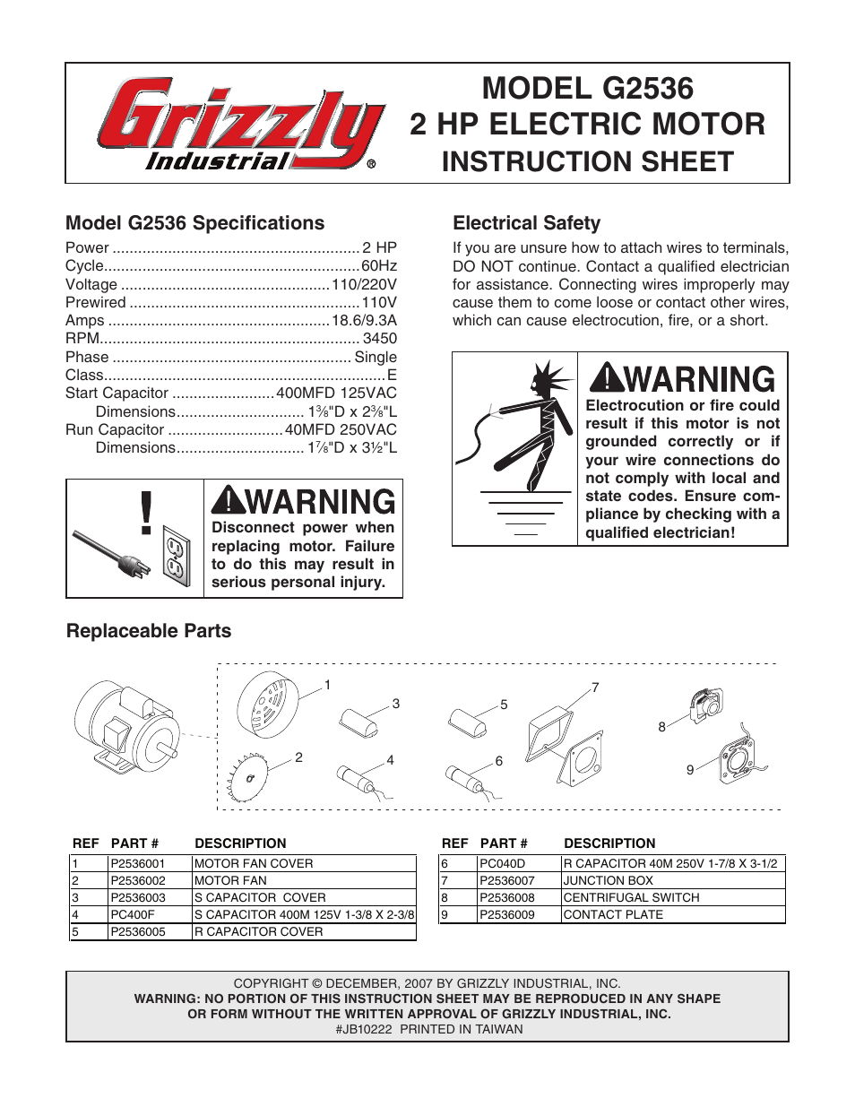 Grizzly Electric Motor G2536 User Manual | 2 pages
