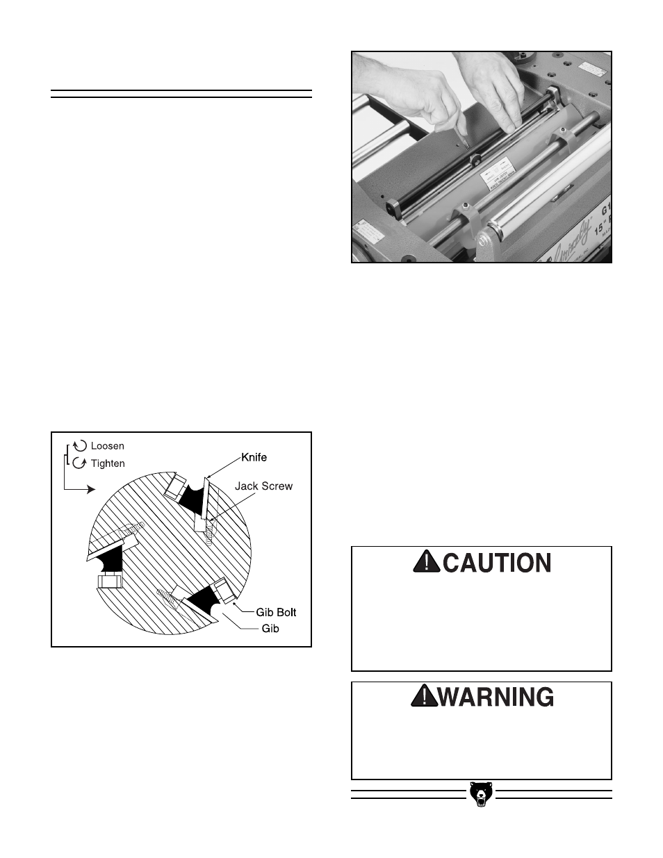 Knife setting, Adjustments using jack screws | Grizzly G1021Z User Manual | Page 19 / 39