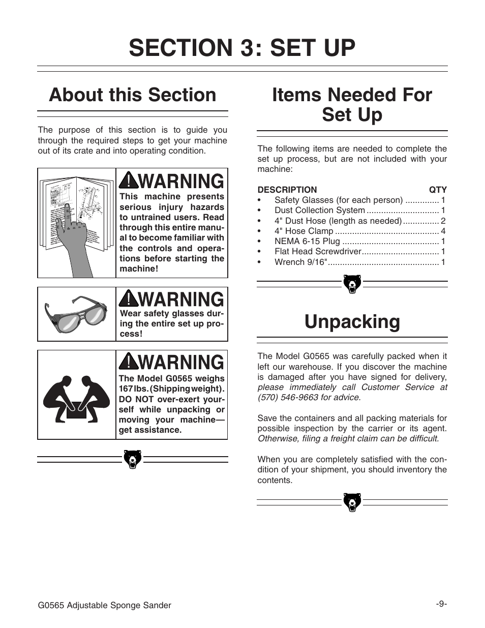 Items needed for set up | Grizzly G0565 User Manual | Page 11 / 32