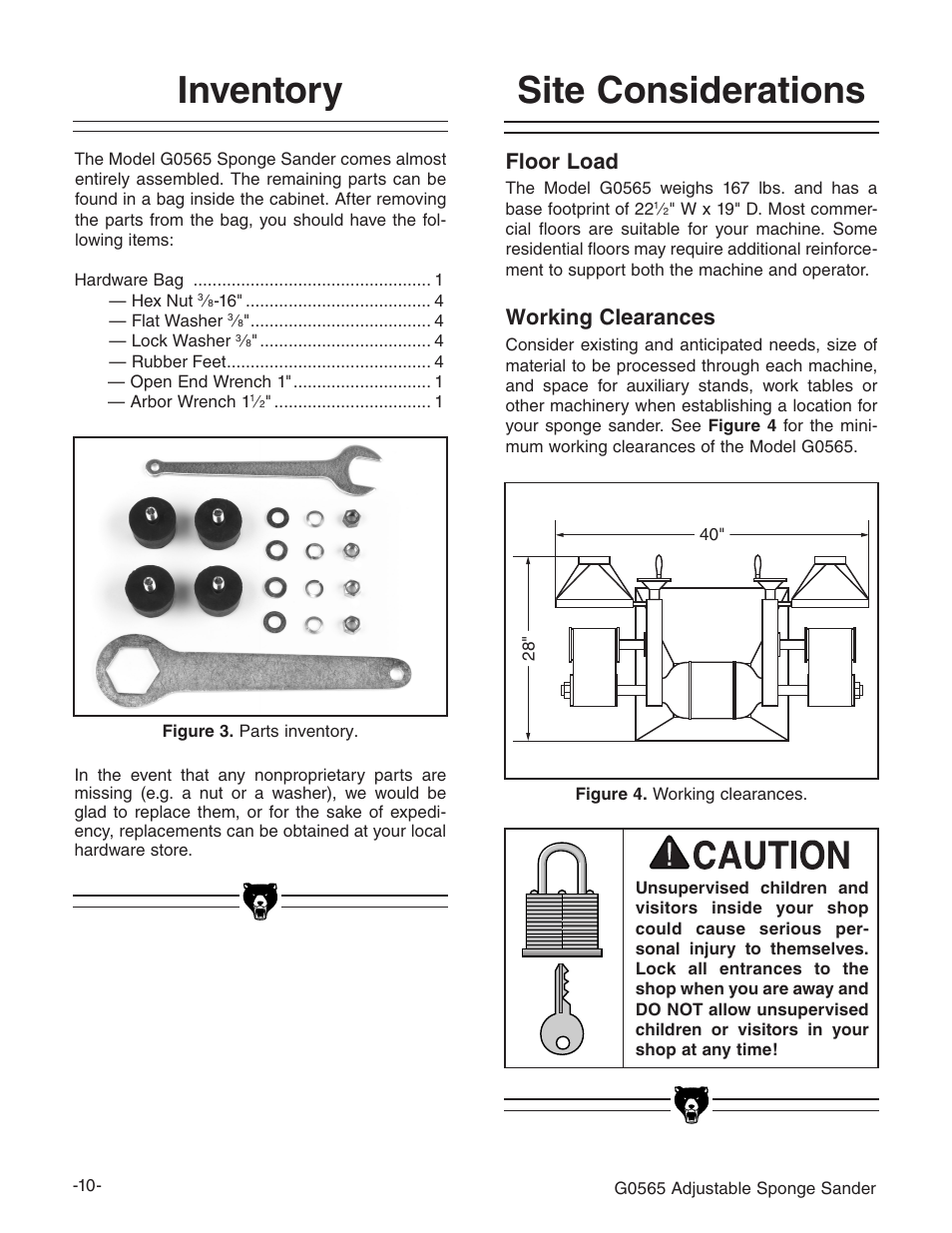 Inventory, Site considerations, Floor load | Working clearances | Grizzly G0565 User Manual | Page 12 / 32