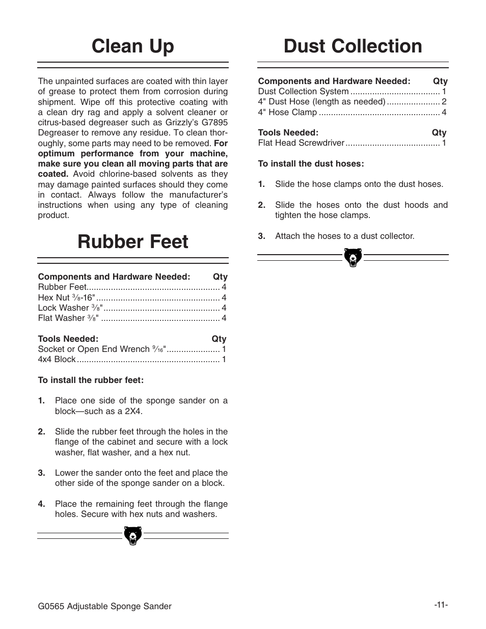 Clean up rubber feet, Dust collection | Grizzly G0565 User Manual | Page 13 / 32