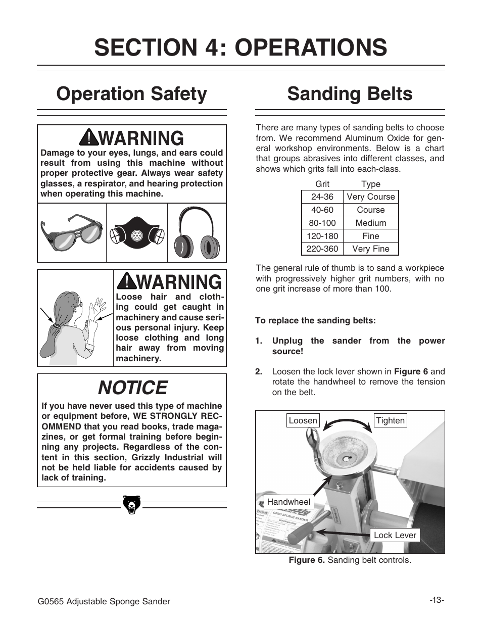 Operation safety, Notice, Sanding belts | Grizzly G0565 User Manual | Page 15 / 32