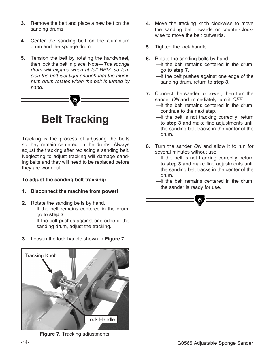 Belt tracking | Grizzly G0565 User Manual | Page 16 / 32