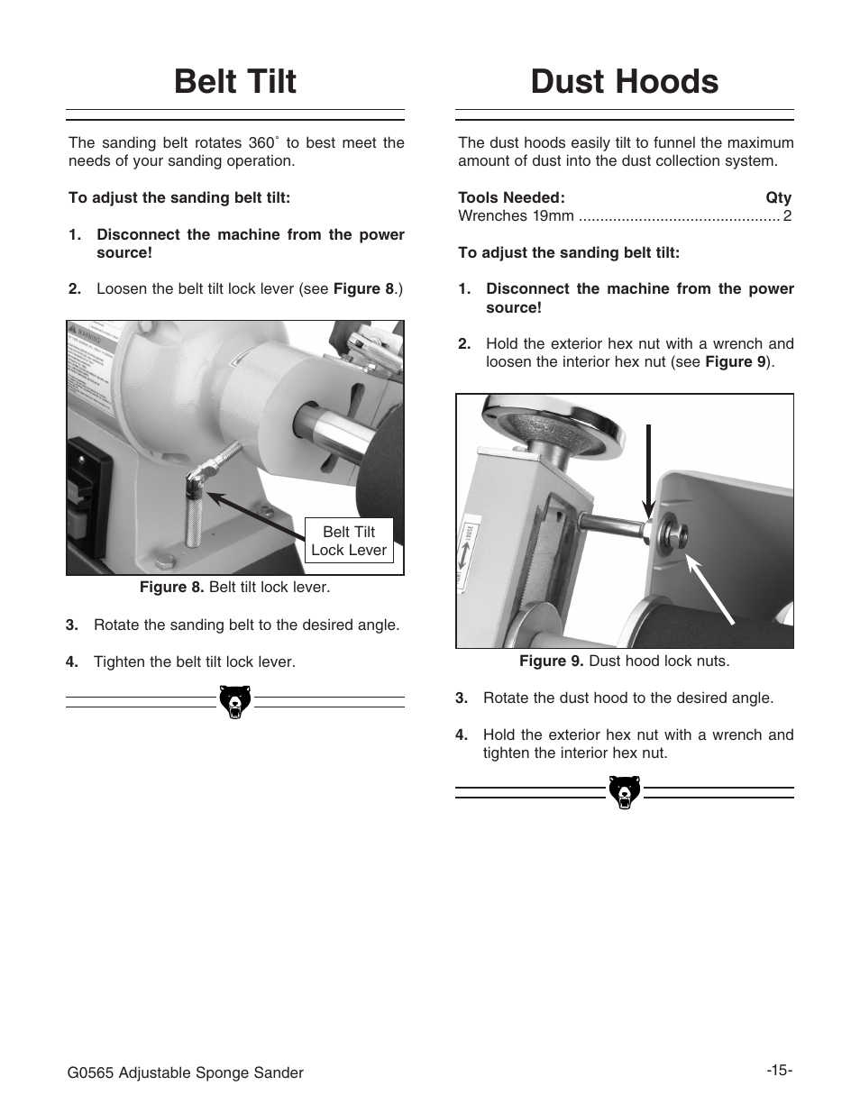 Belt tilt, Dust hoods | Grizzly G0565 User Manual | Page 17 / 32