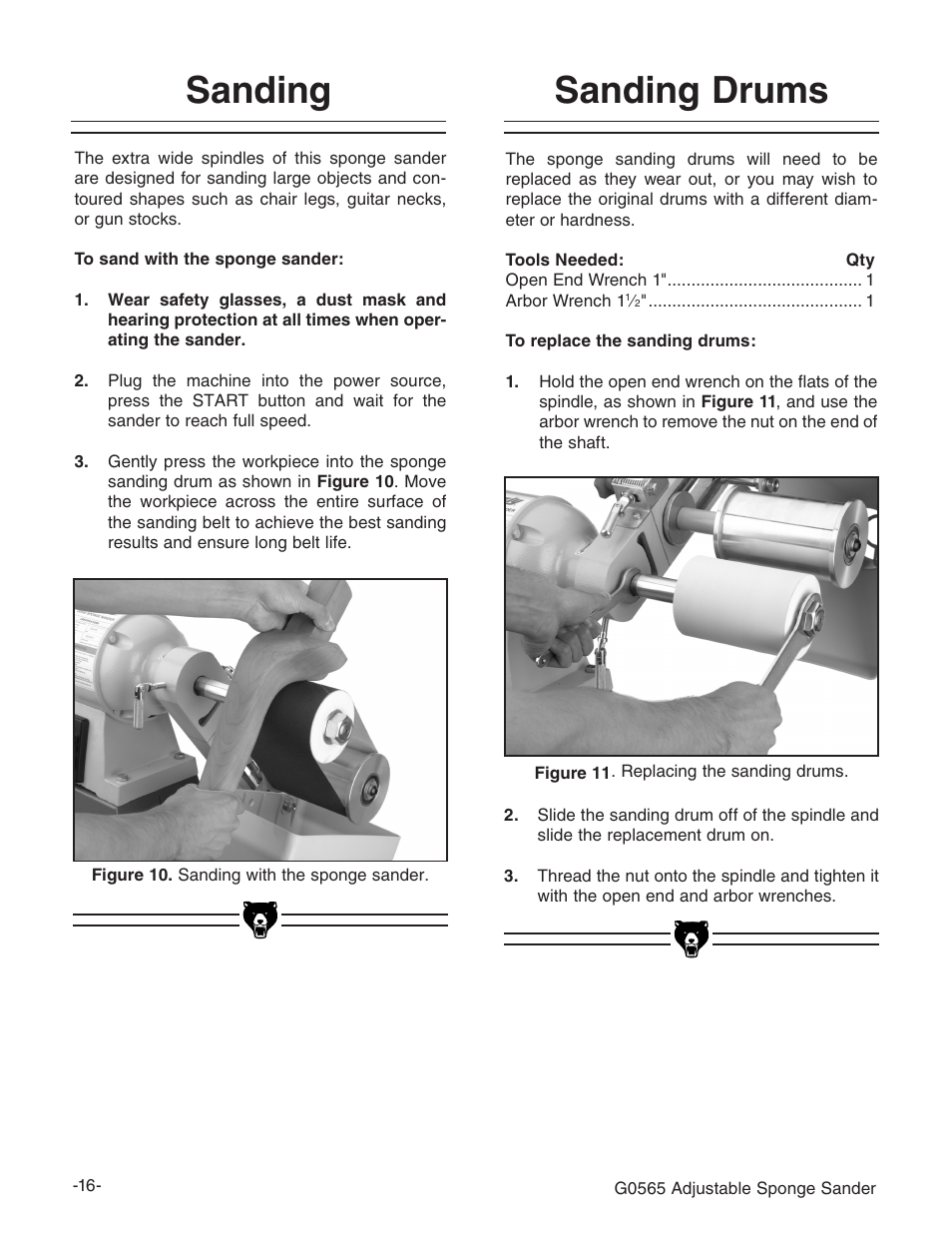 Sanding, Sanding drums | Grizzly G0565 User Manual | Page 18 / 32