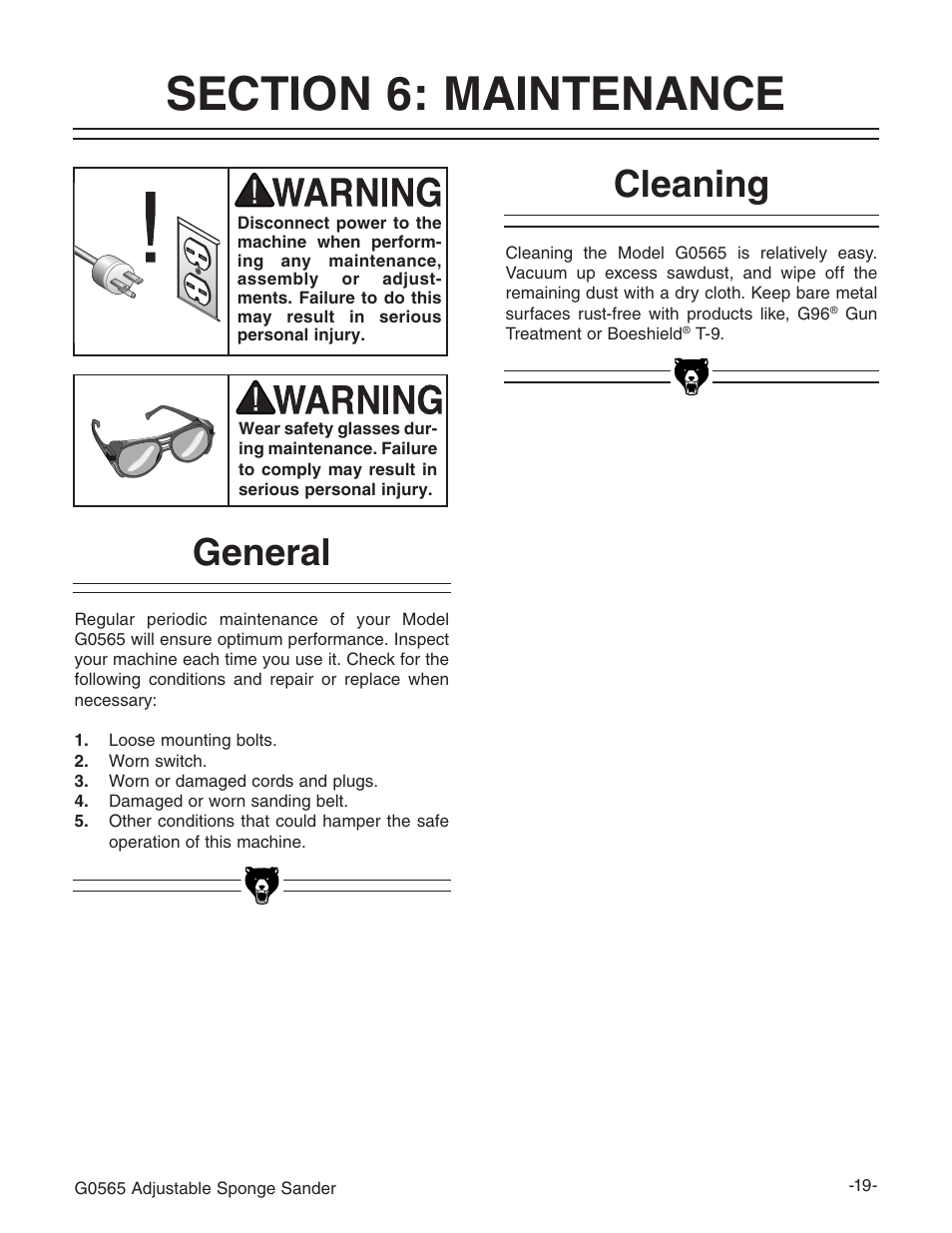 Cleaning, General | Grizzly G0565 User Manual | Page 21 / 32